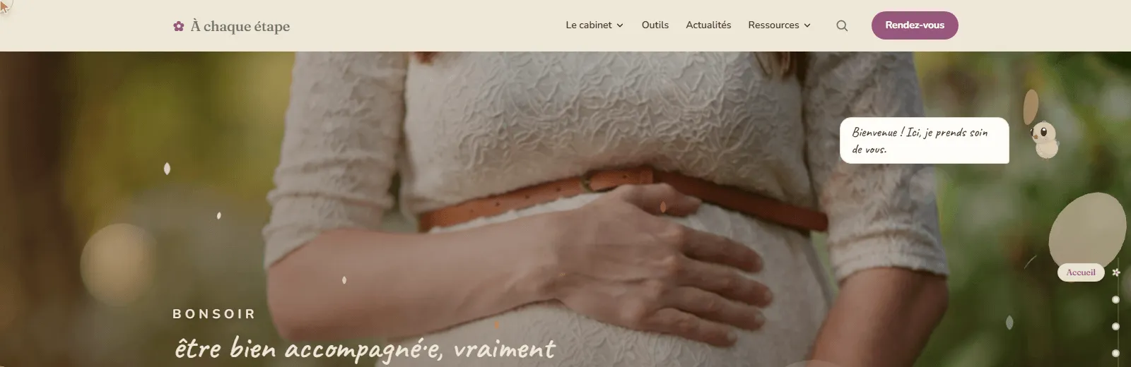 Page d'accueil du site du cabinet : photo plein cadre, titre, boutons de rendez-vous.