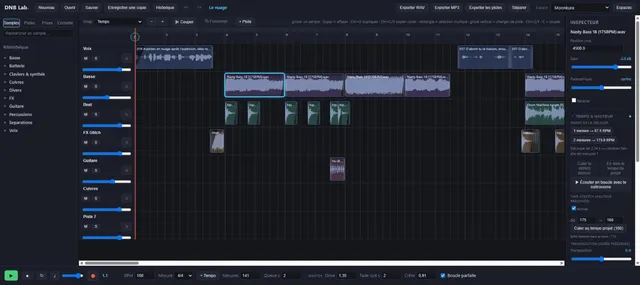 Éditeur multipiste du studio avec sept pistes (voix, basse, beat, FX, guitare, cuivres) et l'inspecteur ouvert sur un clip de basse.