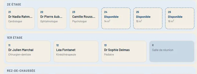 Vue « bâtiment » du site public : plan interactif des étages avec l'accès à l'espace de chaque praticien.